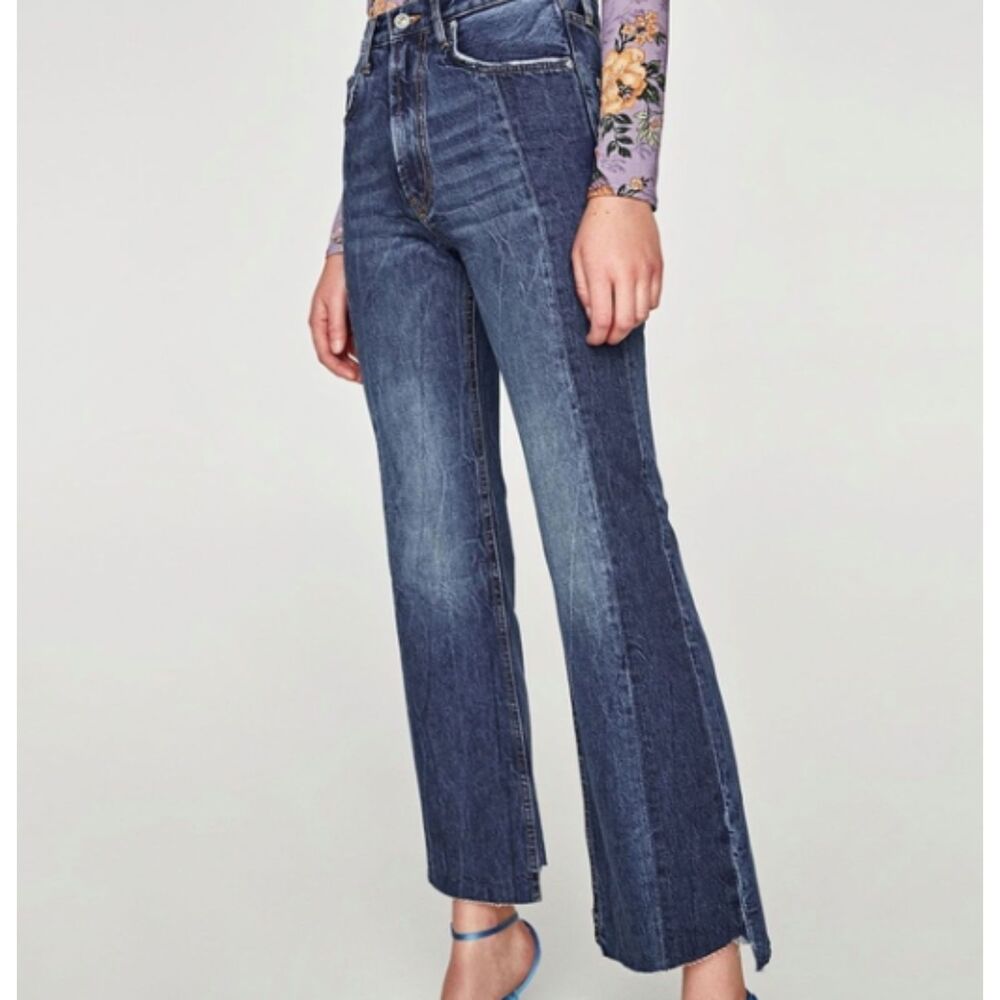 Zara Woman Womens The Real Slim Flare Jeans Size US 10 High-rise Frayed Hem Zip